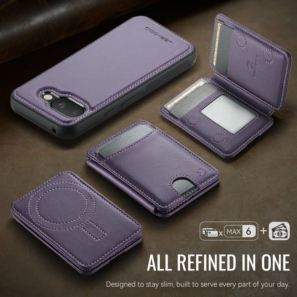 JEEHOOD For Google Pixel 9a Case  J10 Magnetic Case Leather Back Phone Cover with Detachable Card Holder Kickstand - Purple - 5