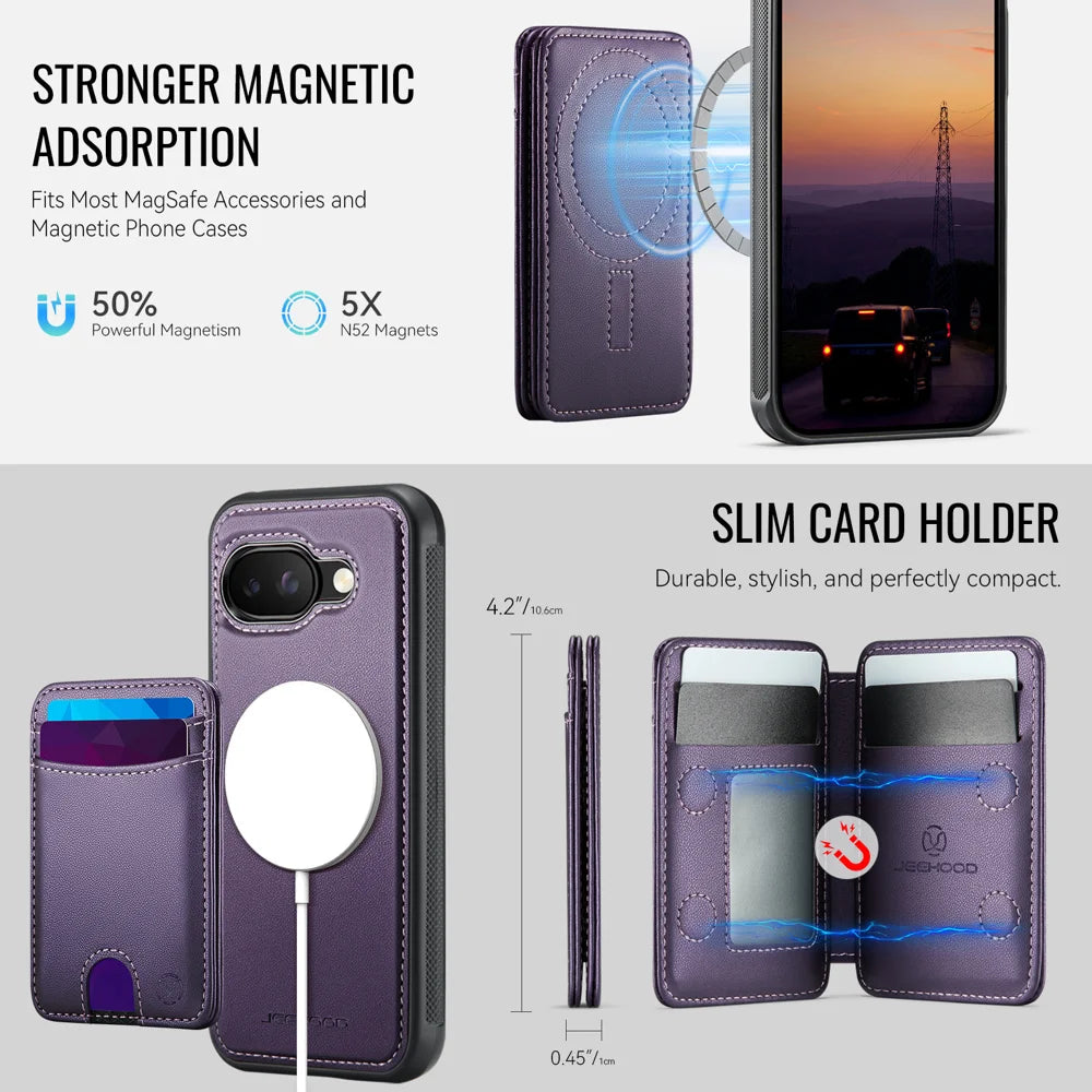 JEEHOOD For Google Pixel 9a Case  J10 Magnetic Case Leather Back Phone Cover with Detachable Card Holder Kickstand - Purple - 6