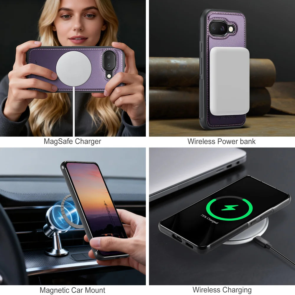 JEEHOOD For Google Pixel 9a Case  J10 Magnetic Case Leather Back Phone Cover with Detachable Card Holder Kickstand - Purple - 7