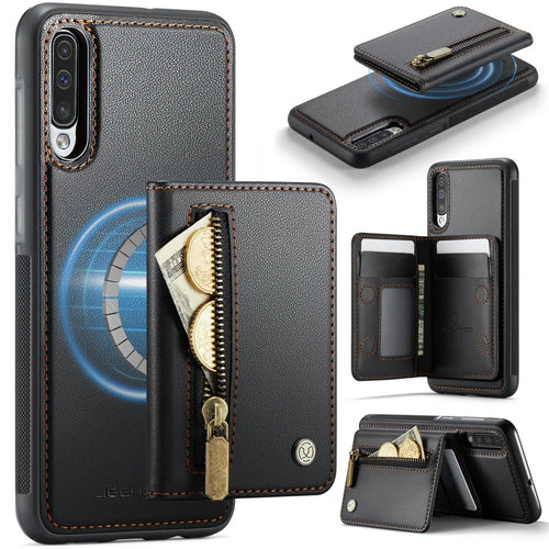 JEEHOOD For Samsung Galaxy A50 Case  J12 Magnetic Detachable Zipper Wallet Kickstand Leather Back Cover Magnetic Case - Black - 1