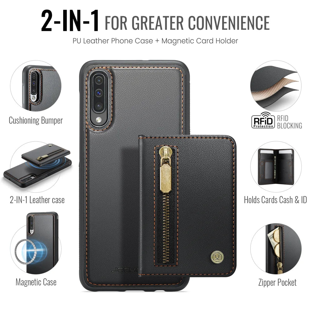 JEEHOOD For Samsung Galaxy A50 Case  J12 Magnetic Detachable Zipper Wallet Kickstand Leather Back Cover Magnetic Case - Black - 2