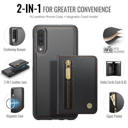 JEEHOOD For Samsung Galaxy A50 Case  J12 Magnetic Detachable Zipper Wallet Kickstand Leather Back Cover Magnetic Case - Black - 2