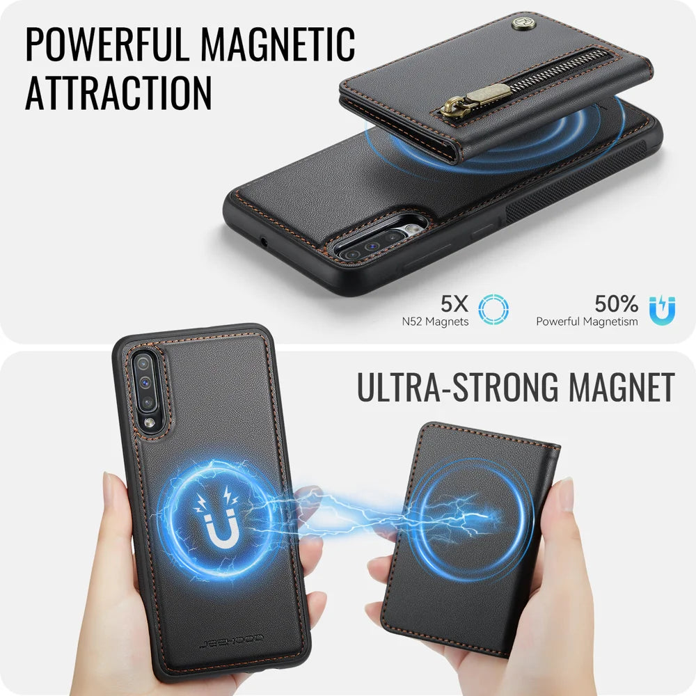 JEEHOOD For Samsung Galaxy A50 Case  J12 Magnetic Detachable Zipper Wallet Kickstand Leather Back Cover Magnetic Case - Black - 3