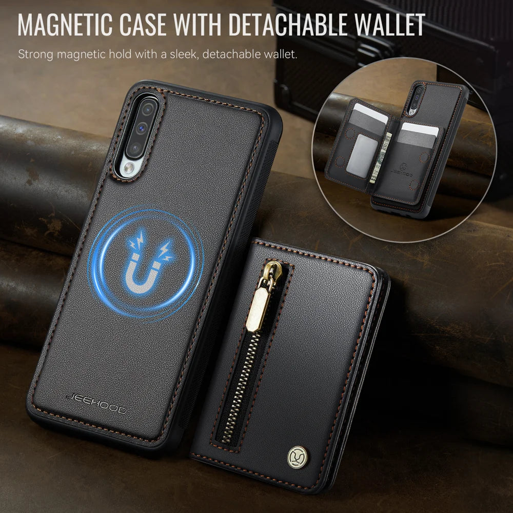 JEEHOOD For Samsung Galaxy A50 Case  J12 Magnetic Detachable Zipper Wallet Kickstand Leather Back Cover Magnetic Case - Black - 4