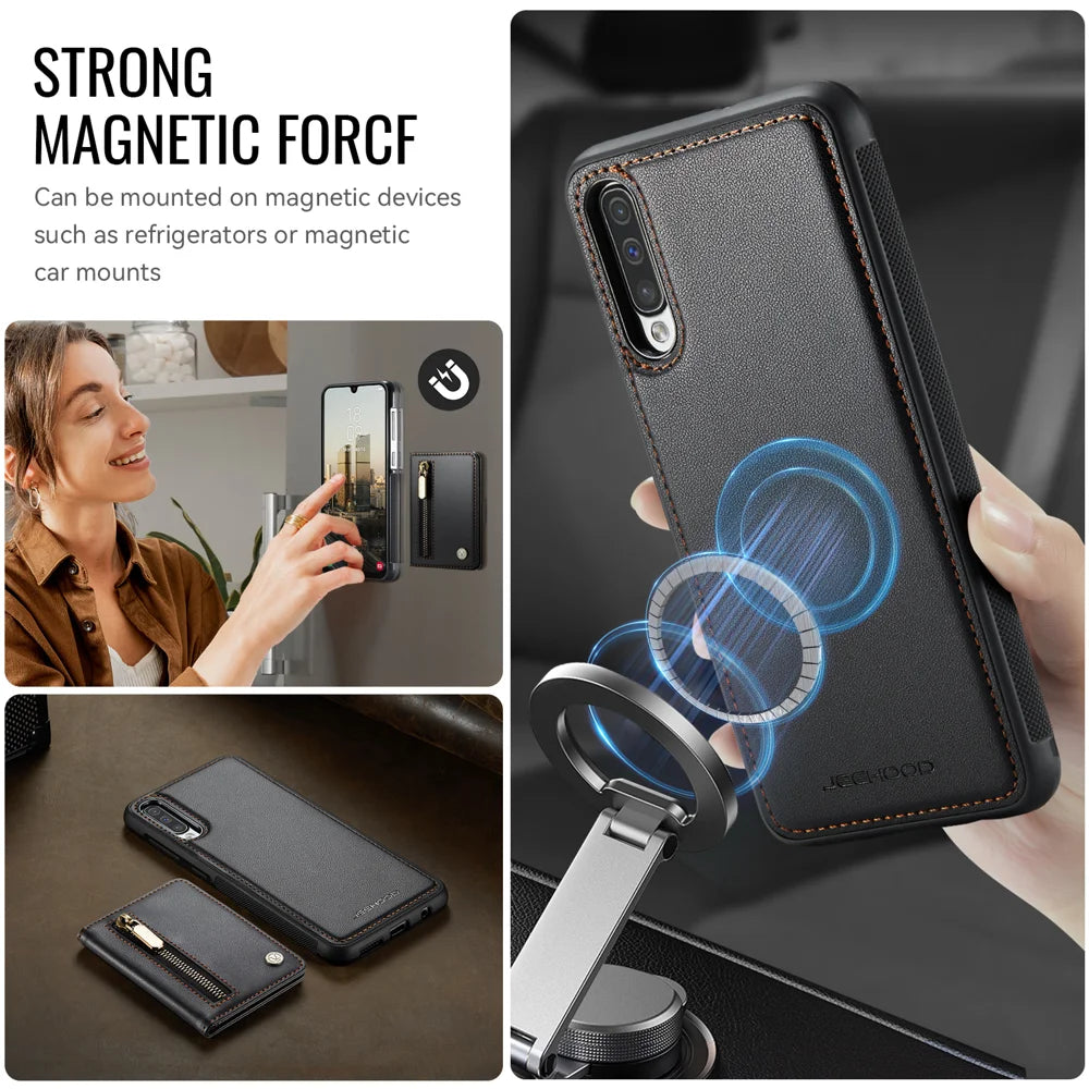 JEEHOOD For Samsung Galaxy A50 Case  J12 Magnetic Detachable Zipper Wallet Kickstand Leather Back Cover Magnetic Case - Black - 6