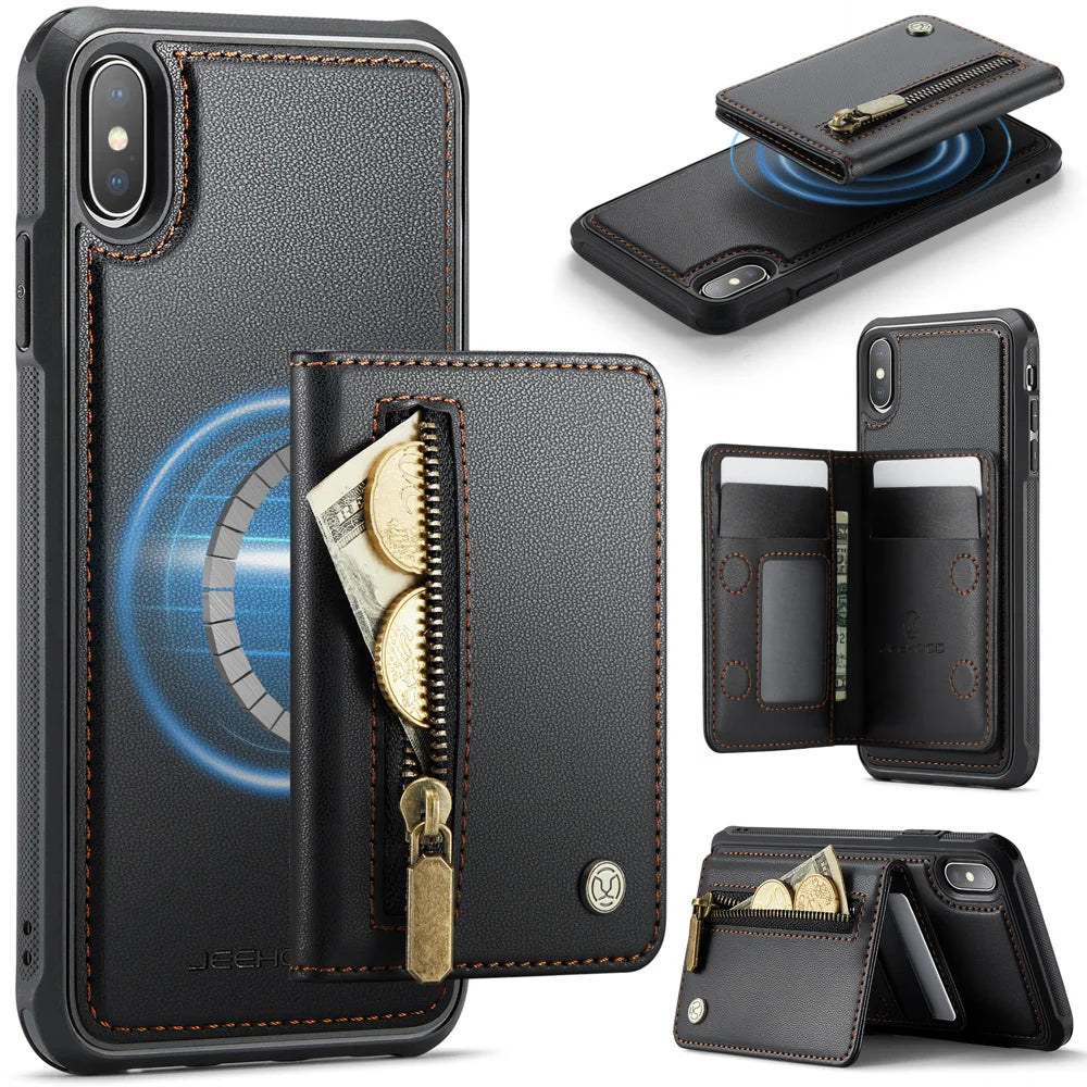 JEEHOOD For iPhone XS Max 6.5 inch Case  J12 Magnetic Detachable Zipper Wallet Kickstand Leather Back Cover Compatible with MagSafe - Black - 1