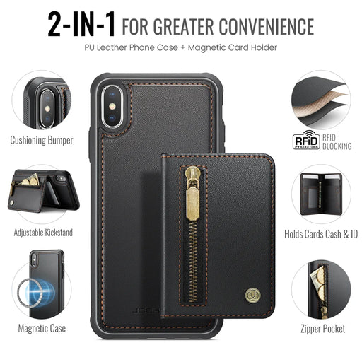 JEEHOOD For iPhone XS Max 6.5 inch Case  J12 Magnetic Detachable Zipper Wallet Kickstand Leather Back Cover Compatible with MagSafe - Black - 2