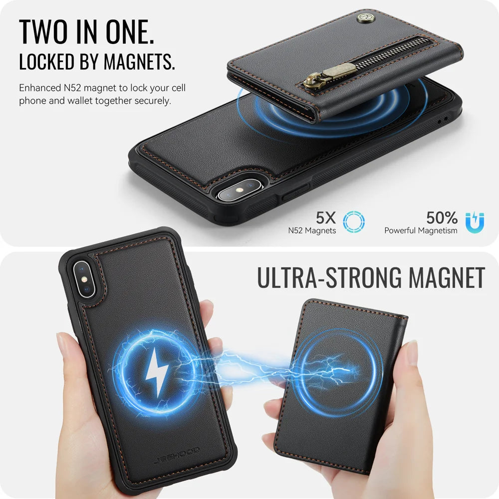 JEEHOOD For iPhone XS Max 6.5 inch Case  J12 Magnetic Detachable Zipper Wallet Kickstand Leather Back Cover Compatible with MagSafe - Black - 3