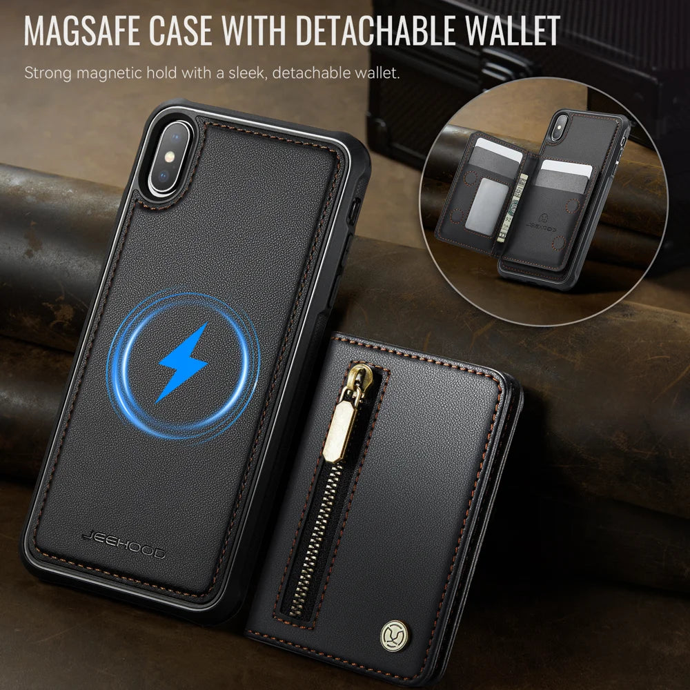 JEEHOOD For iPhone XS Max 6.5 inch Case  J12 Magnetic Detachable Zipper Wallet Kickstand Leather Back Cover Compatible with MagSafe - Black - 4