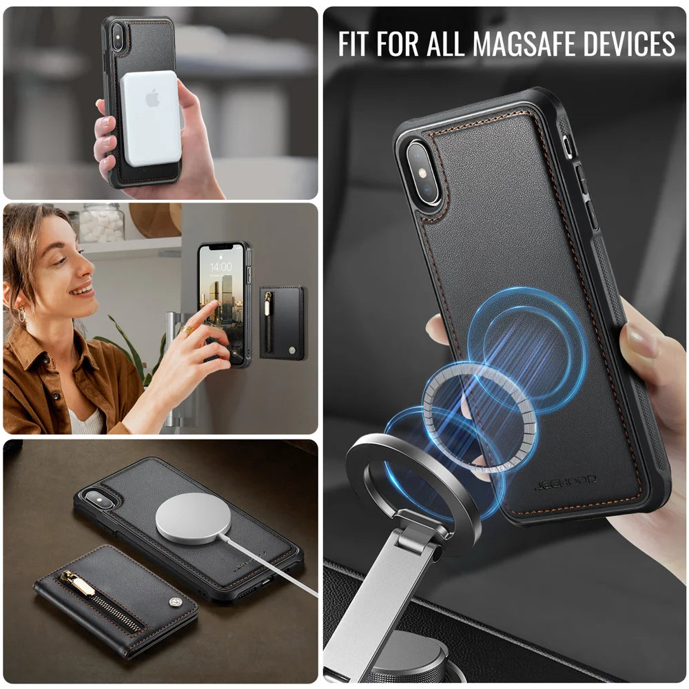 JEEHOOD For iPhone XS Max 6.5 inch Case  J12 Magnetic Detachable Zipper Wallet Kickstand Leather Back Cover Compatible with MagSafe - Black - 6