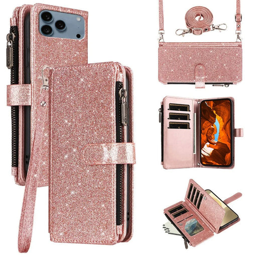 ASUWISH For iPhone 17 Pro Case 10 Card Holder Glitter Leather Phone Cover with Crossbody Strap - Rose Gold - 1