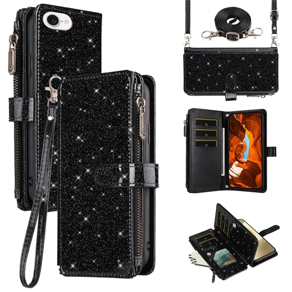 ASUWISH For iPhone 17e / 16e Case 10 Card Holder Glitter Leather Phone Cover with Crossbody Strap - Black - 1