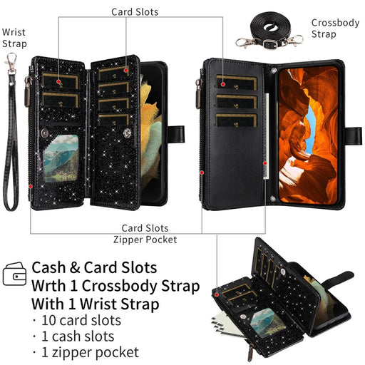 ASUWISH For iPhone 17e / 16e Case 10 Card Holder Glitter Leather Phone Cover with Crossbody Strap - Black - 2