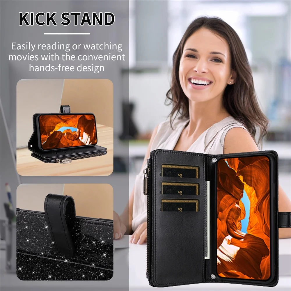 ASUWISH For iPhone 17e / 16e Case 10 Card Holder Glitter Leather Phone Cover with Crossbody Strap - Black - 3