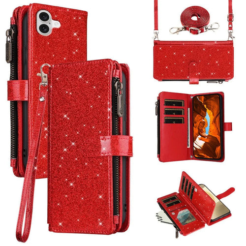 ASUWISH For iPhone 17 Case 10 Card Holder Glitter Leather Phone Cover with Crossbody Strap - Red - 1