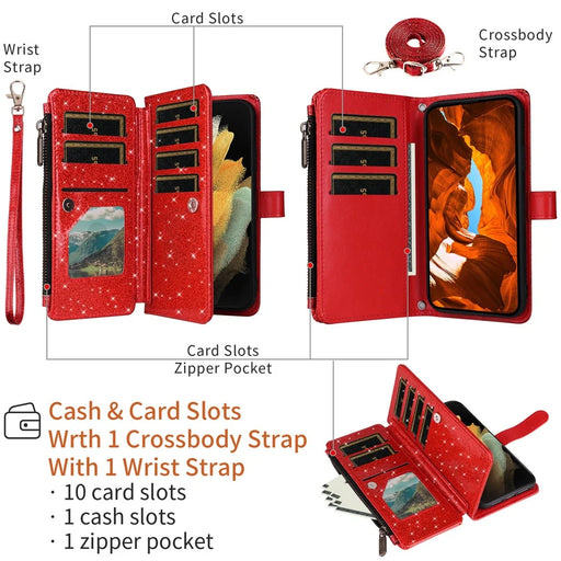 ASUWISH For iPhone 17 Case 10 Card Holder Glitter Leather Phone Cover with Crossbody Strap - Red - 2