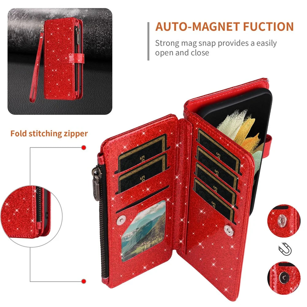 ASUWISH For iPhone 17 Case 10 Card Holder Glitter Leather Phone Cover with Crossbody Strap - Red - 5
