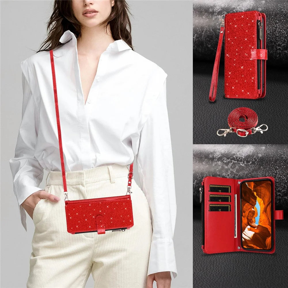 ASUWISH For iPhone 17 Case 10 Card Holder Glitter Leather Phone Cover with Crossbody Strap - Red - 6