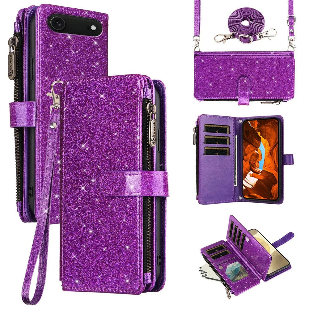 ASUWISH For iPhone Air Case 10 Card Holder Glitter Leather Phone Cover with Crossbody Strap - Purple - 1