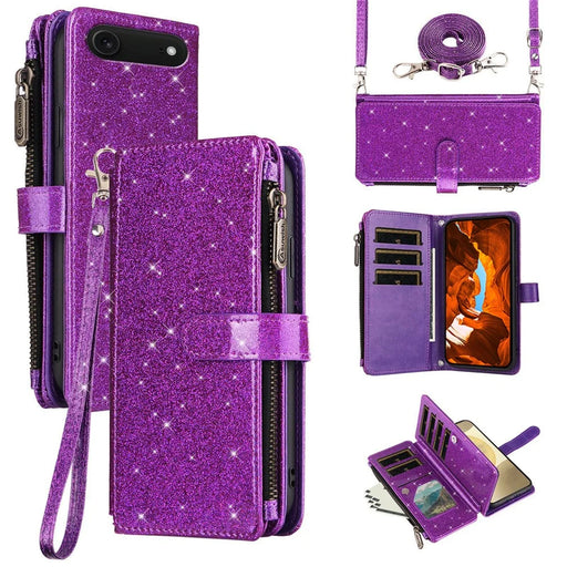 ASUWISH For iPhone Air Case 10 Card Holder Glitter Leather Phone Cover with Crossbody Strap - Purple - 1