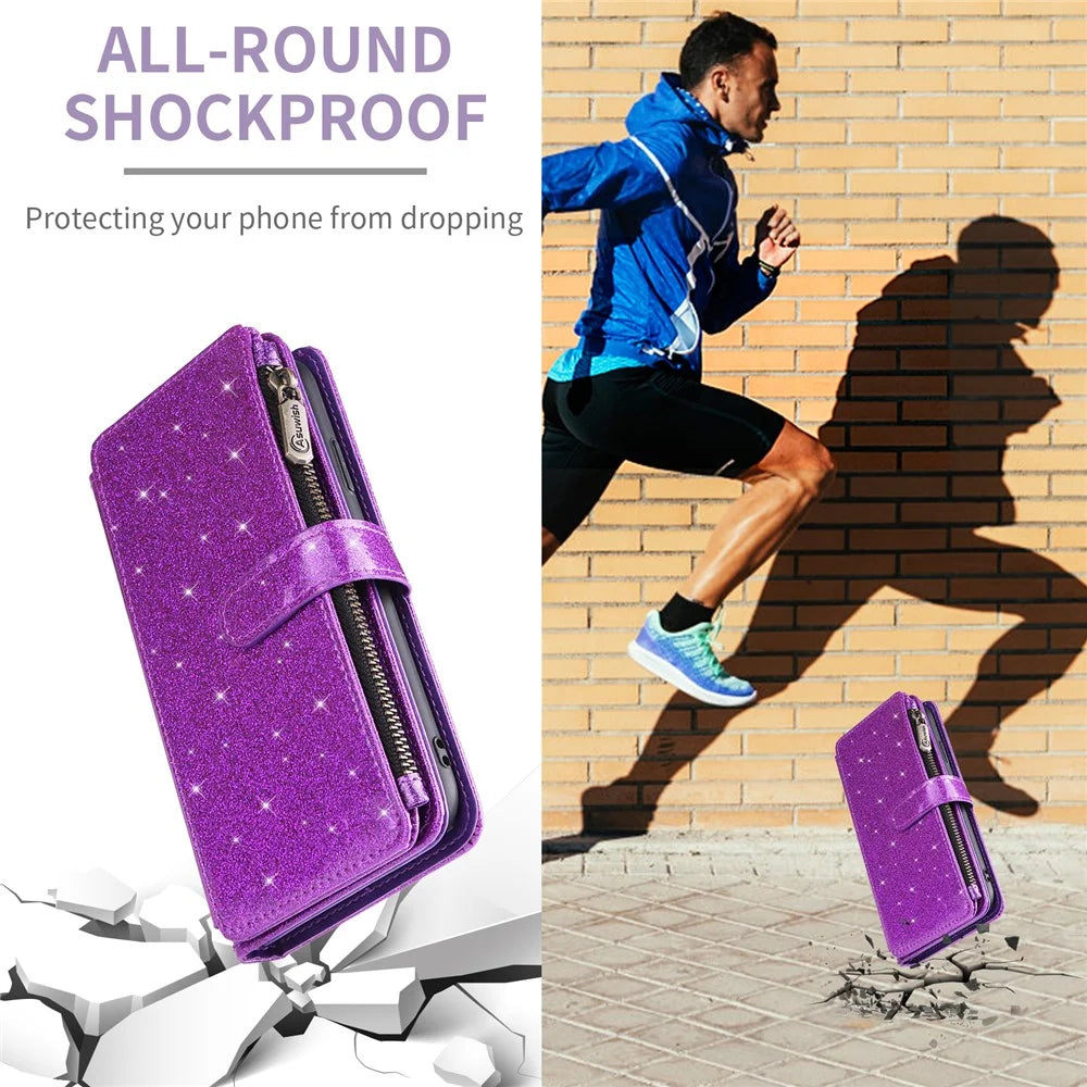 ASUWISH For iPhone Air Case 10 Card Holder Glitter Leather Phone Cover with Crossbody Strap - Purple - 7