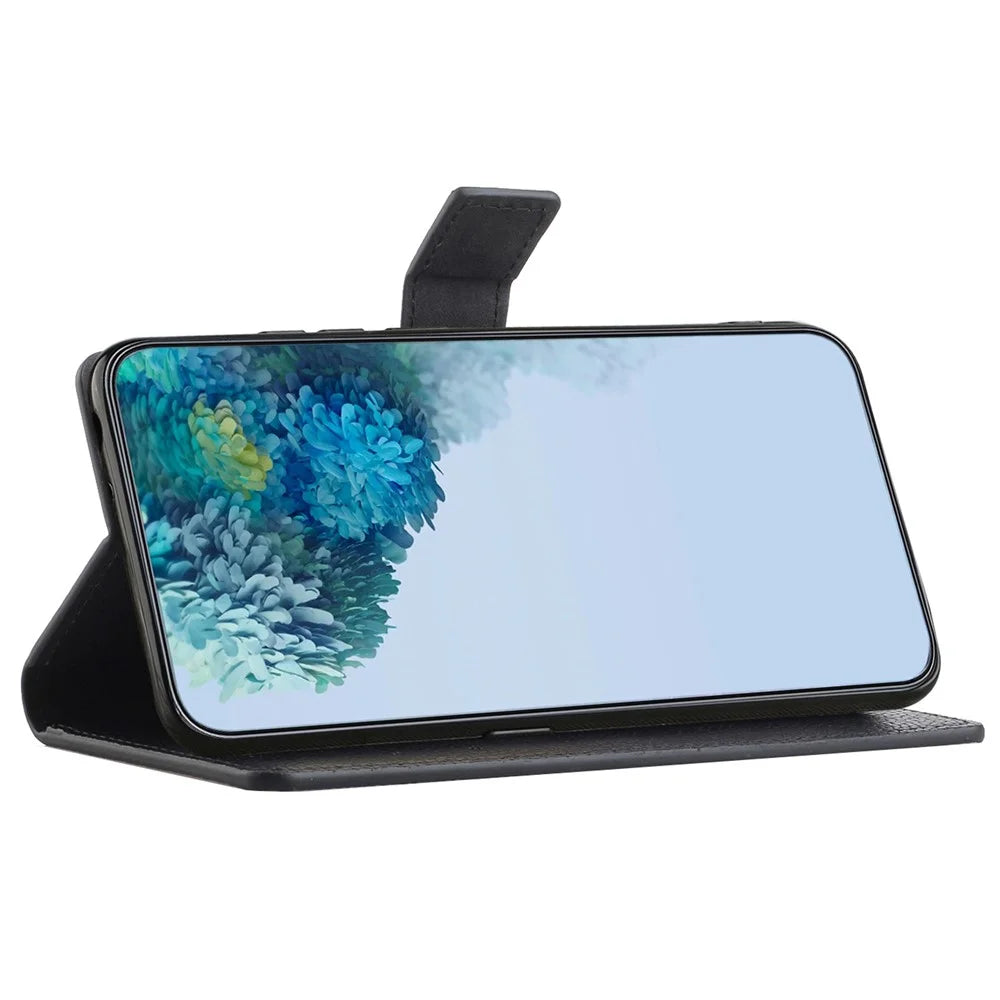 Litchi Texture Phone Case for Samsung Galaxy S23+, PU Leather + TPU Scratch-resistant Phone Wallet Cover with Stand - Black - 3