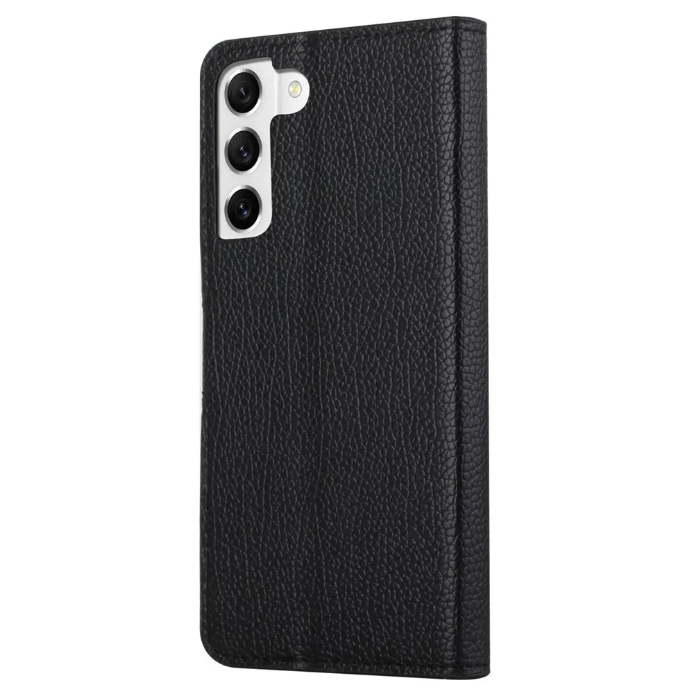Litchi Texture Phone Case for Samsung Galaxy S23+, PU Leather + TPU Scratch-resistant Phone Wallet Cover with Stand - Black - 6