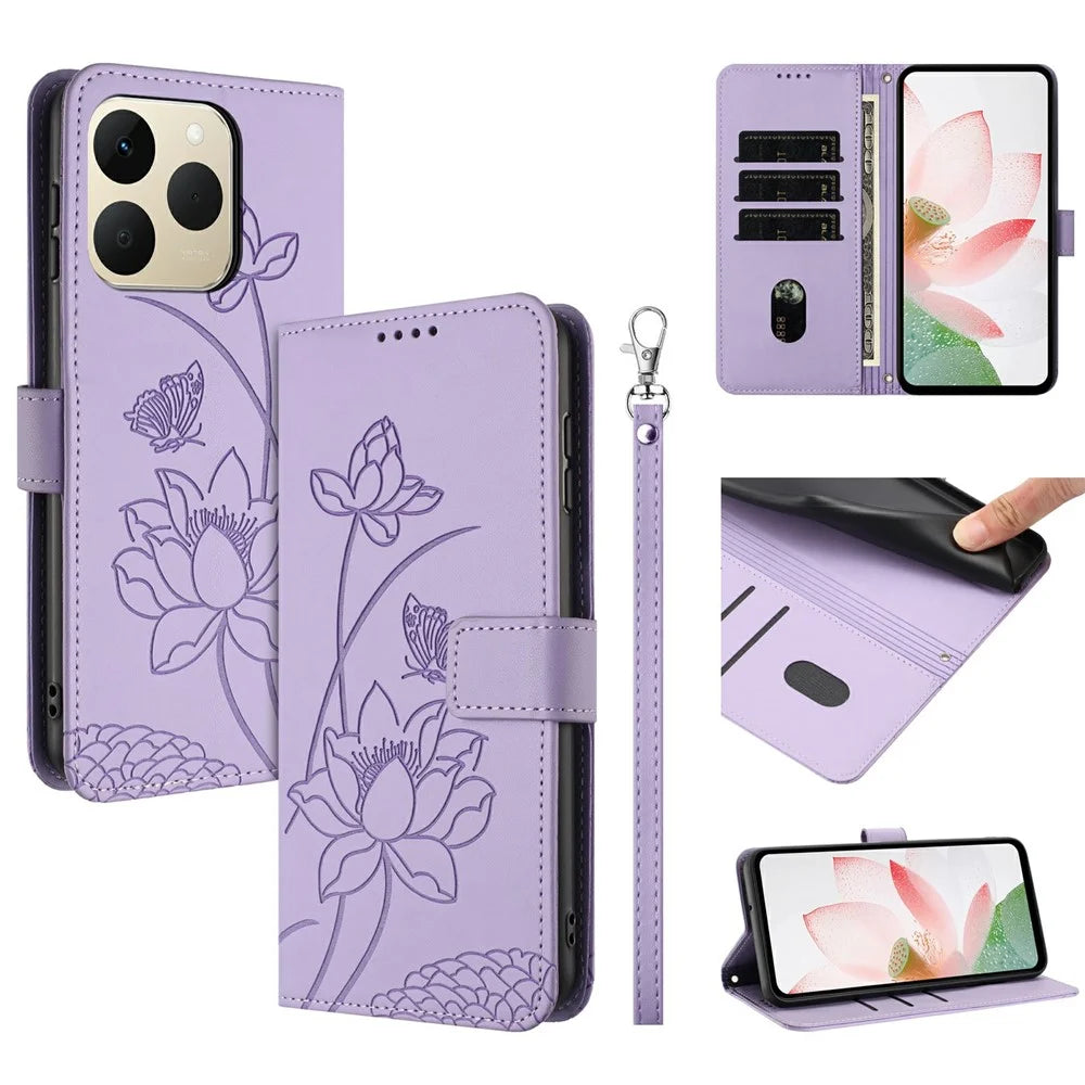For Realme 15T 5G Case Wallet Stand Lotus Imprint Leather Phone Cover with Wrist Strap - Purple - 1