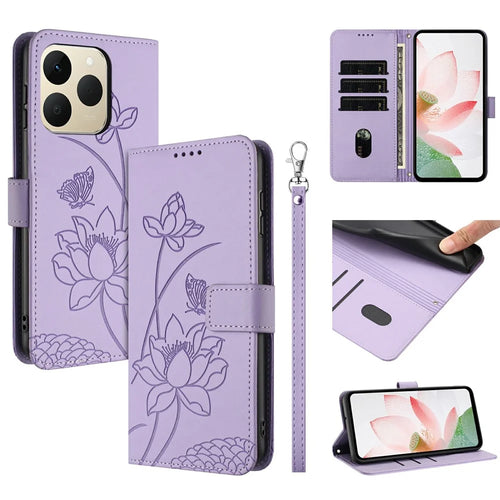 For Realme 15T 5G Case Wallet Stand Lotus Imprint Leather Phone Cover with Wrist Strap - Purple - 1