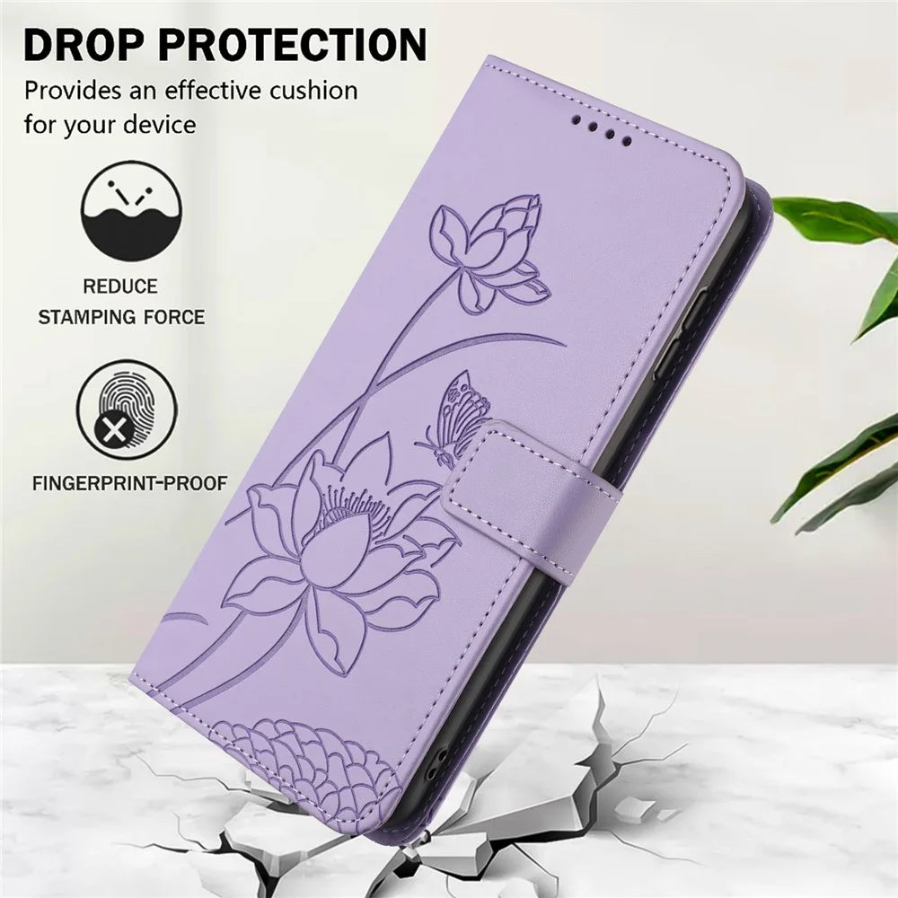 For Realme 15T 5G Case Wallet Stand Lotus Imprint Leather Phone Cover with Wrist Strap - Purple - 7