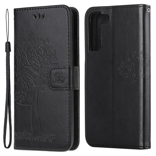 Full Protection Phone Cover for Samsung Galaxy S23+, PU Leather Imprinted Owl Tree Pattern Magnetic Clasp Flip Wallet Case with Stand - Black - 1