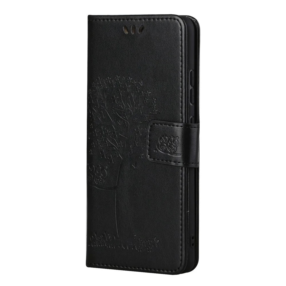 Full Protection Phone Cover for Samsung Galaxy S23+, PU Leather Imprinted Owl Tree Pattern Magnetic Clasp Flip Wallet Case with Stand - Black - 5