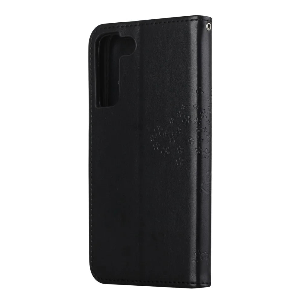 Full Protection Phone Cover for Samsung Galaxy S23+, PU Leather Imprinted Owl Tree Pattern Magnetic Clasp Flip Wallet Case with Stand - Black - 6