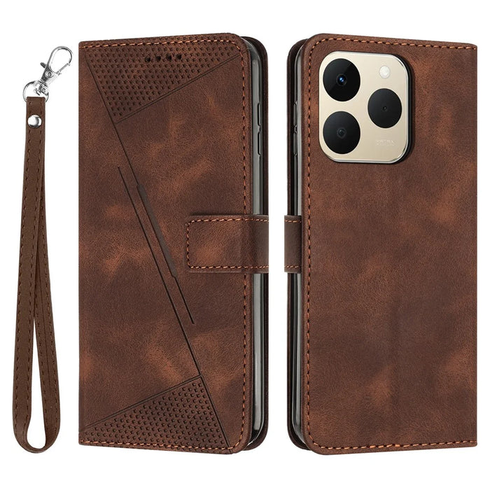 For Realme 15T 5G Leather Case Imprinted Triangle Phone Cover with Hand Strap - Brown - 1
