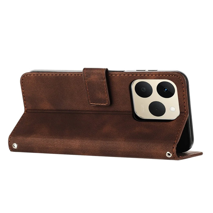 For Realme 15T 5G Leather Case Imprinted Triangle Phone Cover with Hand Strap - Brown - 3