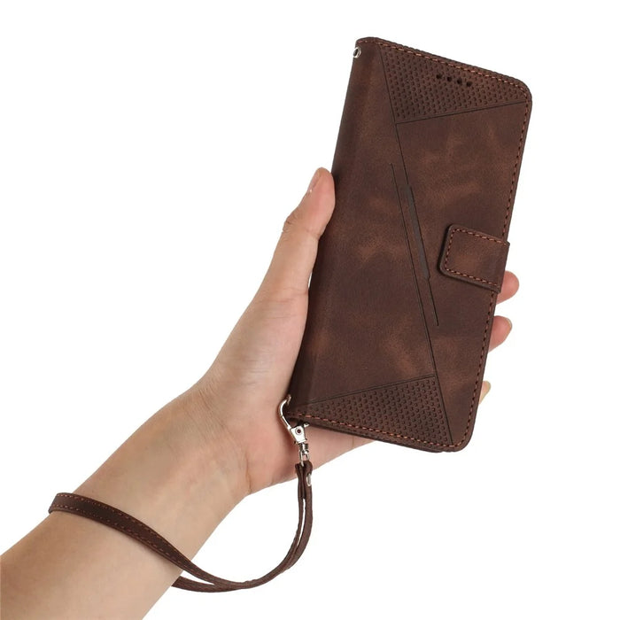 For Realme 15T 5G Leather Case Imprinted Triangle Phone Cover with Hand Strap - Brown - 4