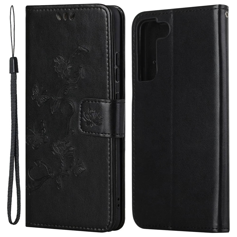 For Samsung Galaxy S23+ Butterfly Flower Imprinted PU Leather Phone Case Wallet Stand Full Protection Smartphone Cover - Black - 1