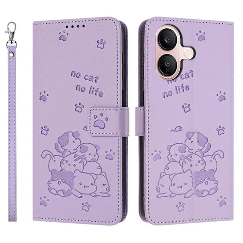 For vivo V60 Lite 5G  /  4G Wallet Case Cats Imprint Leather Phone Cover with Strap - Purple - 1