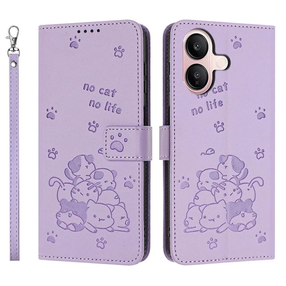 For vivo V60 Lite 5G  /  4G Wallet Case Cats Imprint Leather Phone Cover with Strap - Purple - 1