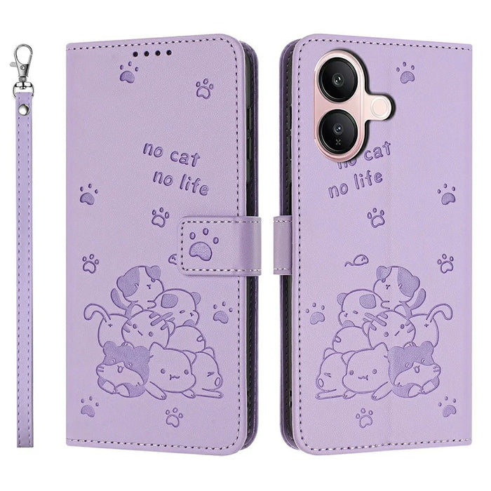 For vivo V60 Lite 5G  /  4G Wallet Case Cats Imprint Leather Phone Cover with Strap - Purple - 1