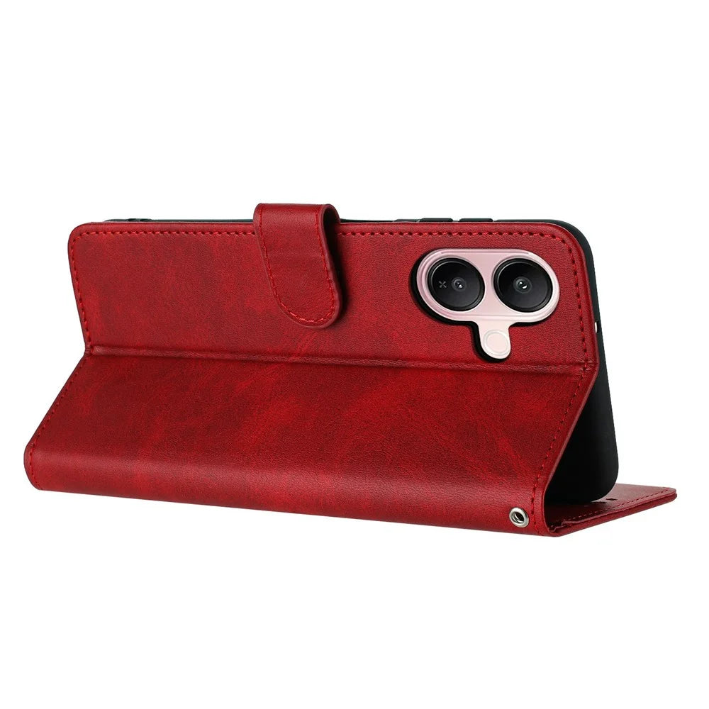 For vivo V60 Lite 5G  /  4G Wallet Case Flip Stand Calf Texture PU Leather Phone Cover with Strap - Red - 4