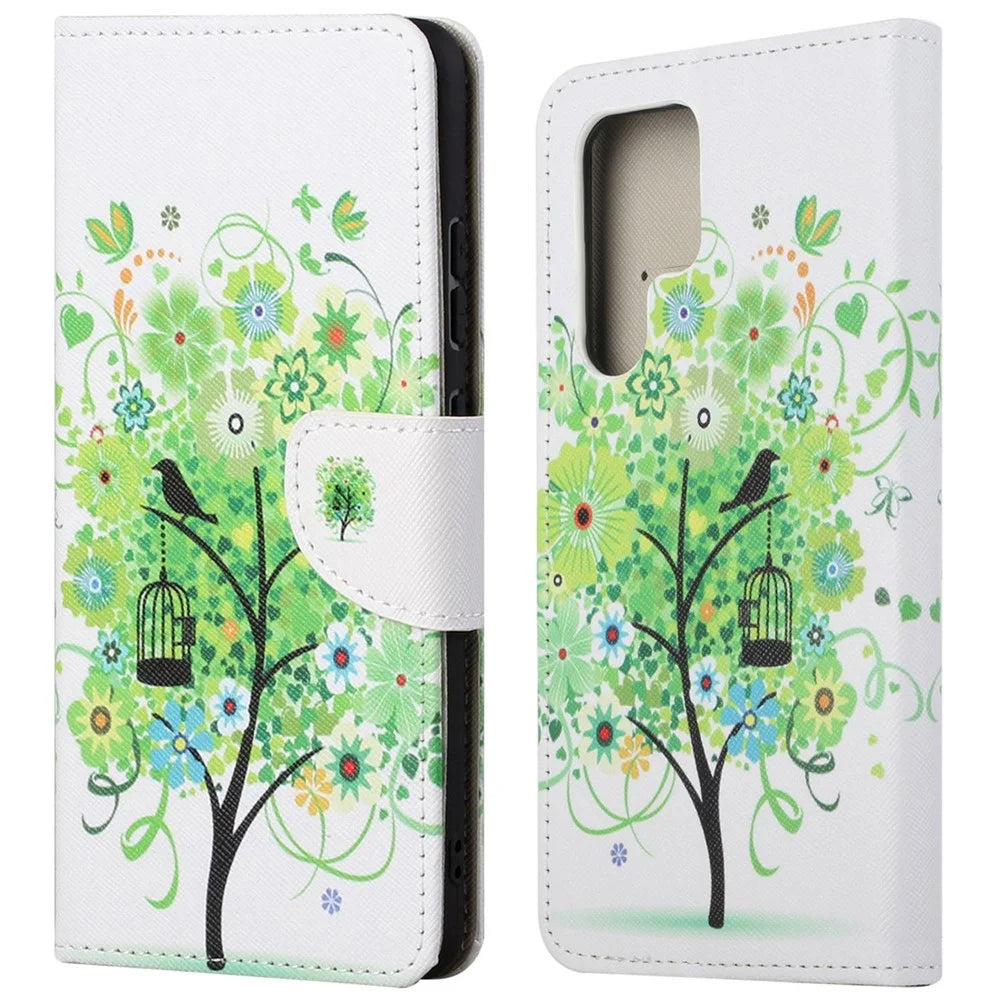 For Samsung Galaxy S23 Ultra Cross Texture PU Leather Flip Stand Wallet Case Pattern Printing Overall Coverage Cover - Green Tree - 1
