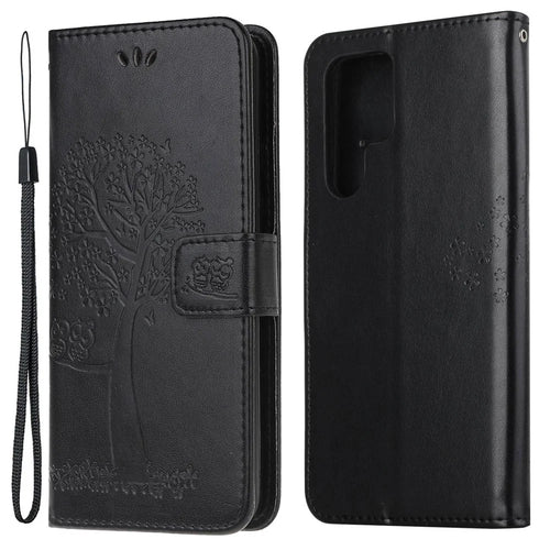 Anti-drop Magnetic Clasp Phone Cover for Samsung Galaxy S23 Ultra, PU Leather Imprinted Owl Tree Pattern Flip Wallet Case with Stand - Black - 1