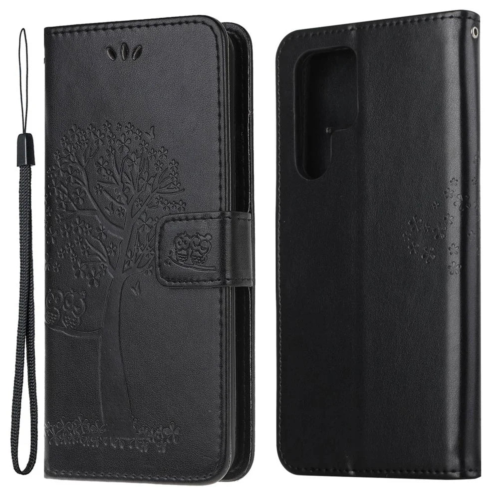 Anti-drop Magnetic Clasp Phone Cover for Samsung Galaxy S23 Ultra, PU Leather Imprinted Owl Tree Pattern Flip Wallet Case with Stand - Black - 1