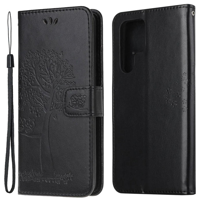 Anti-drop Magnetic Clasp Phone Cover for Samsung Galaxy S23 Ultra, PU Leather Imprinted Owl Tree Pattern Flip Wallet Case with Stand - Black - 1