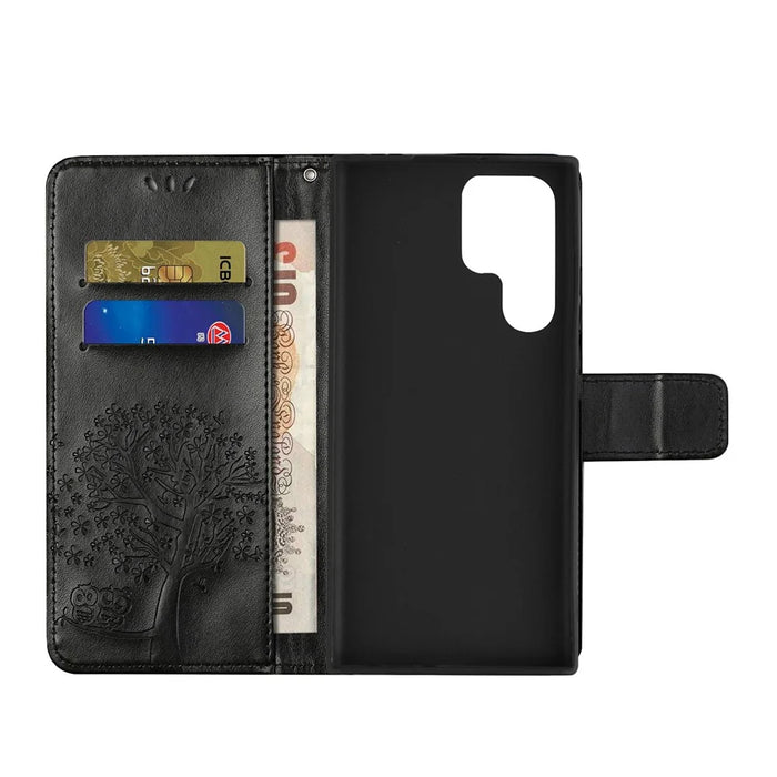Anti-drop Magnetic Clasp Phone Cover for Samsung Galaxy S23 Ultra, PU Leather Imprinted Owl Tree Pattern Flip Wallet Case with Stand - Black - 2