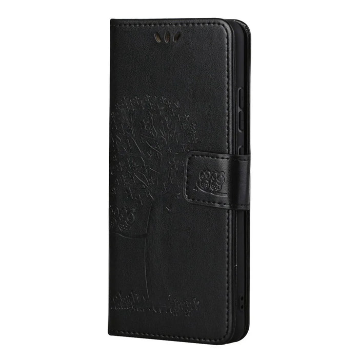 Anti-drop Magnetic Clasp Phone Cover for Samsung Galaxy S23 Ultra, PU Leather Imprinted Owl Tree Pattern Flip Wallet Case with Stand - Black - 5