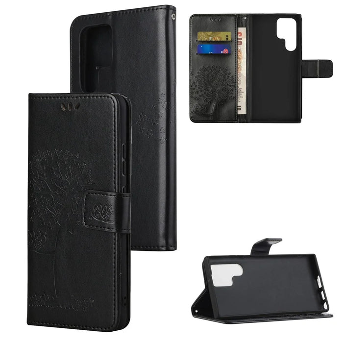 Anti-drop Magnetic Clasp Phone Cover for Samsung Galaxy S23 Ultra, PU Leather Imprinted Owl Tree Pattern Flip Wallet Case with Stand - Black - 7