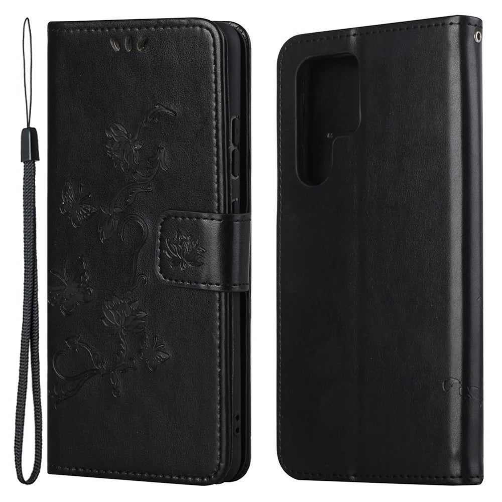 For Samsung Galaxy S23 Ultra Butterfly Flower Imprinted PU Leather Phone Case Wallet Stand Feature Smartphone Cover - Black - 1