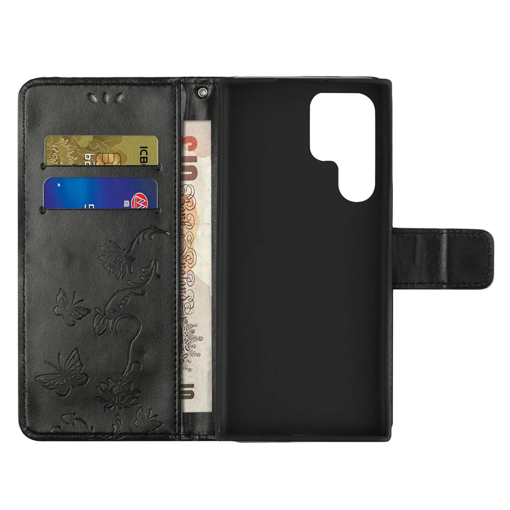 For Samsung Galaxy S23 Ultra Butterfly Flower Imprinted PU Leather Phone Case Wallet Stand Feature Smartphone Cover - Black - 3